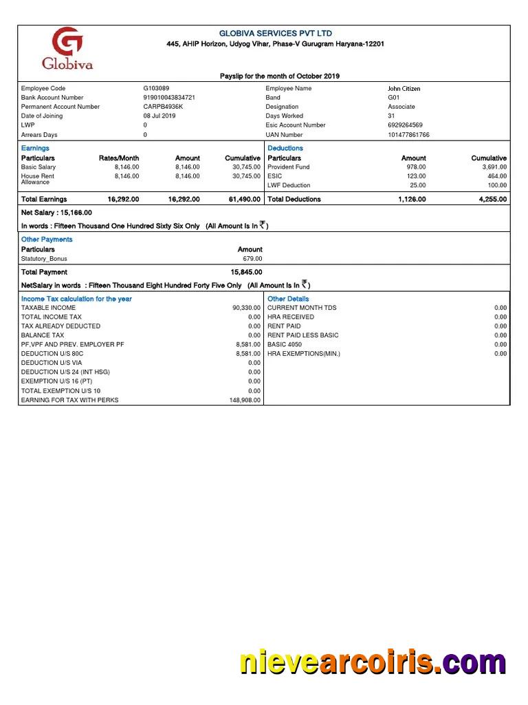 India GLOBIVA Services PVT LTD payslip